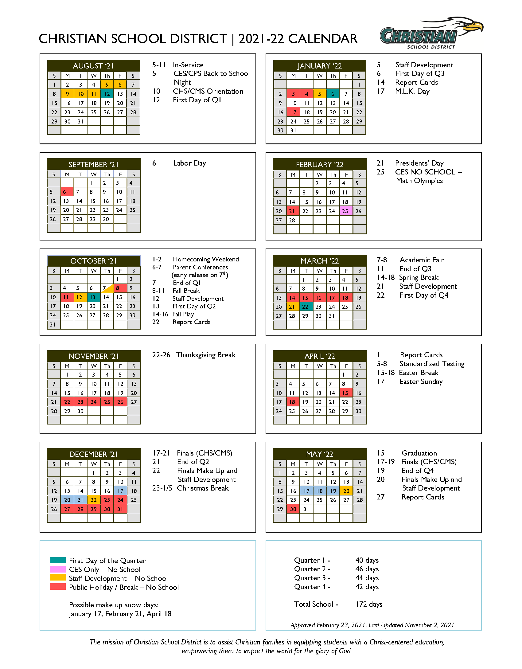202122 Annual Academic Calendar Christian School District